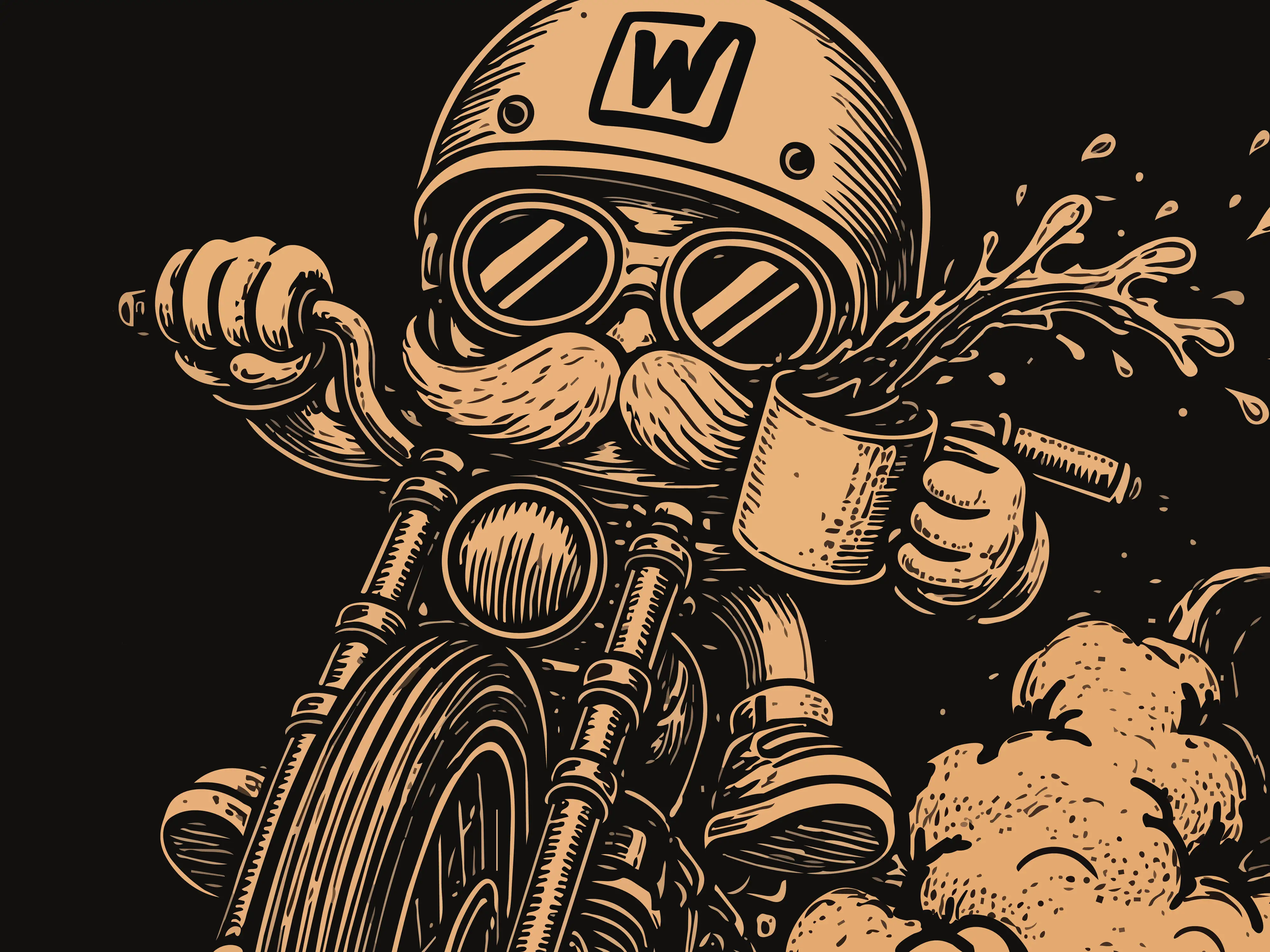 Motorcycle parked beneath the Woven storefront sign