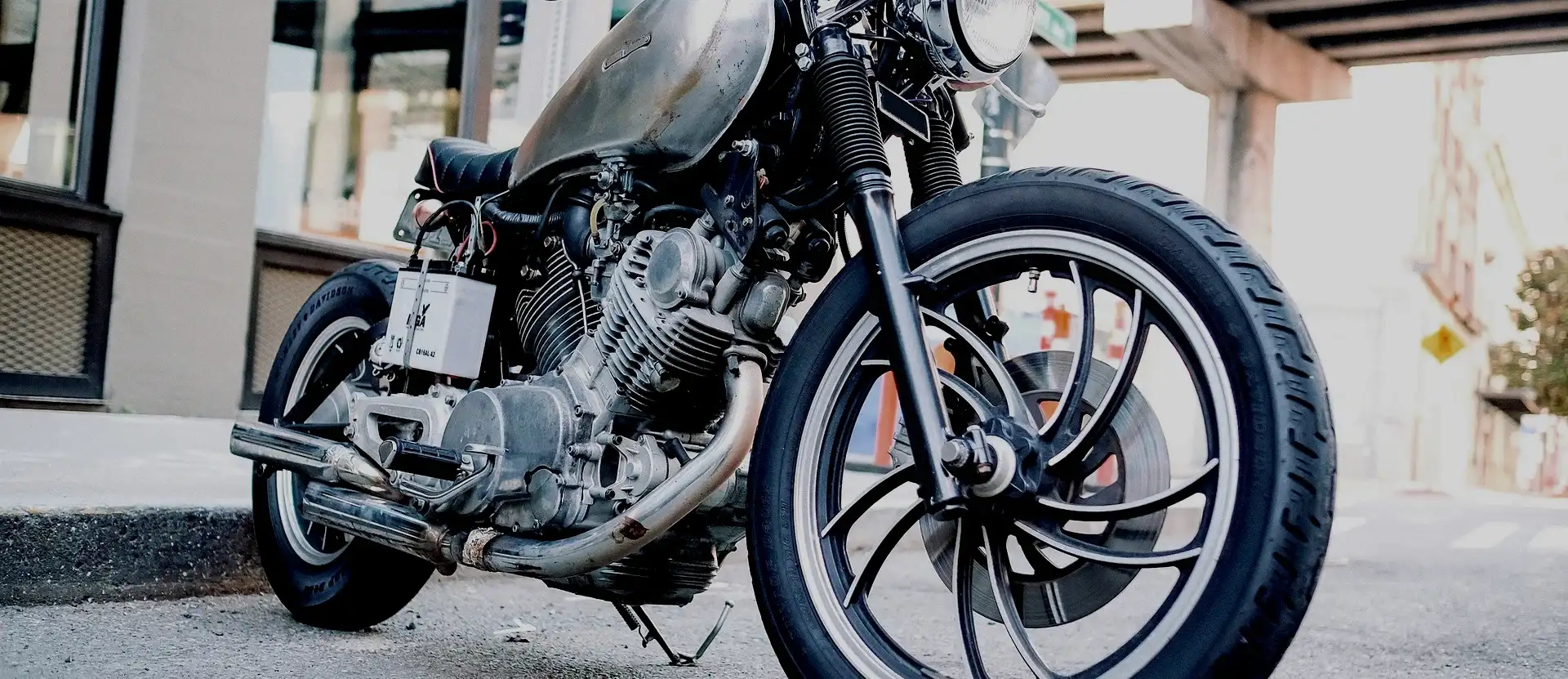 Custom motorcycle on a shop lift