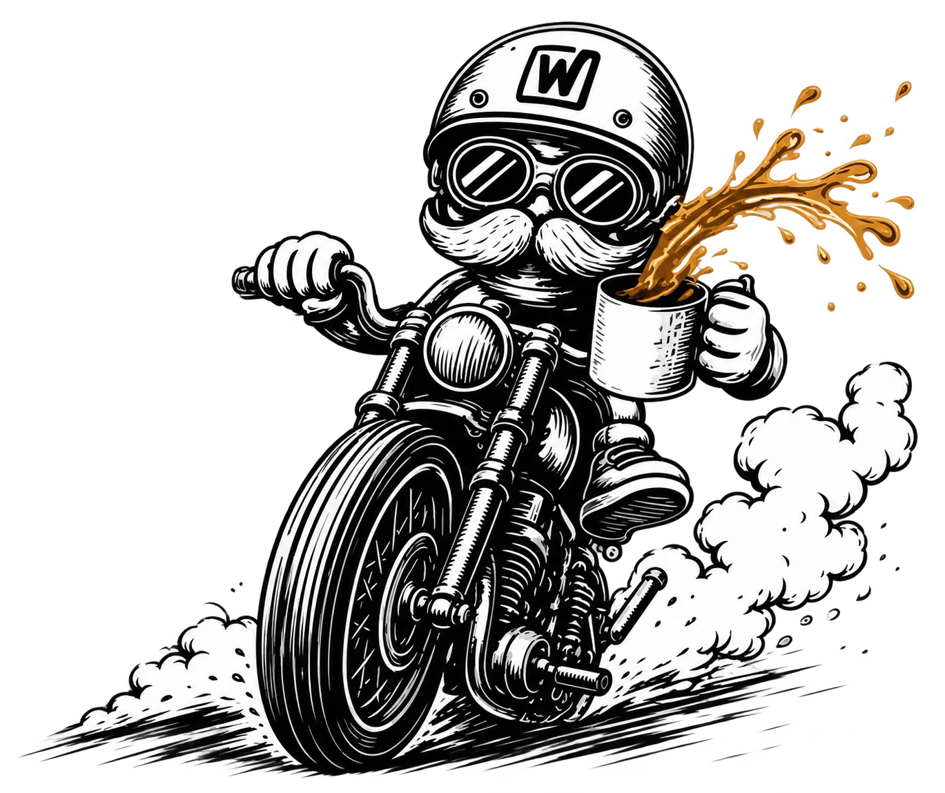 Illustration of a helmeted motorcycle rider holding a mug with a splash of gold coffee